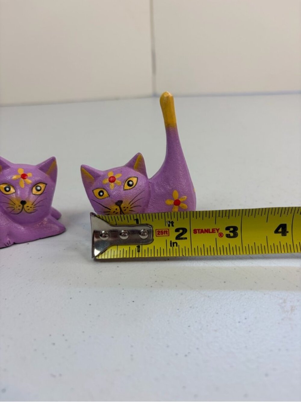 Vintage Set of 2 Folk Art Hand Carved Wooden Painted Cats Kittens Floral Boho - Picture 5 of 7
